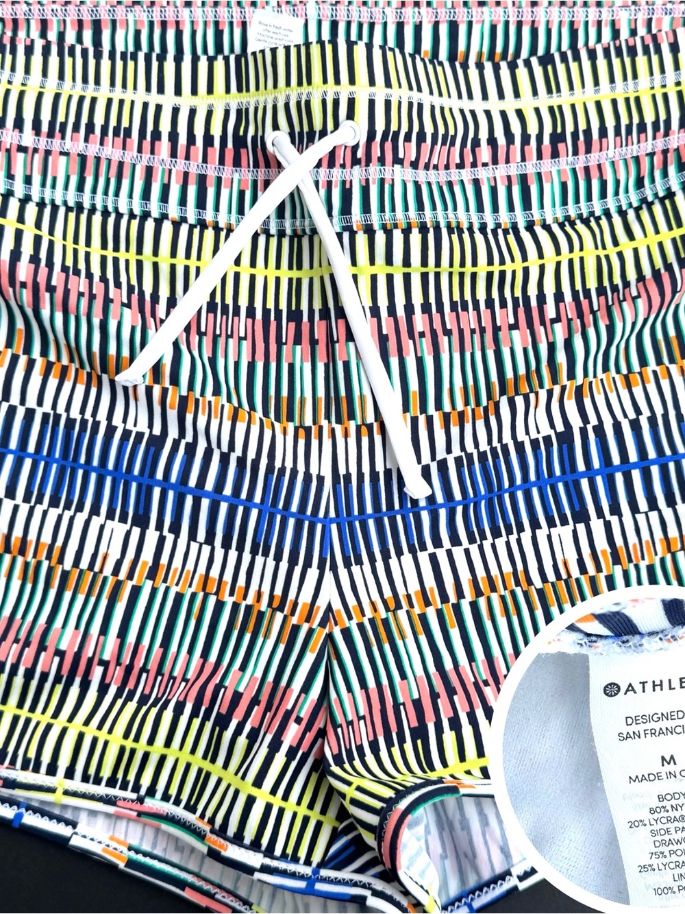 Athleta Multicolor Geometric Swim Shorts with White Drawstring